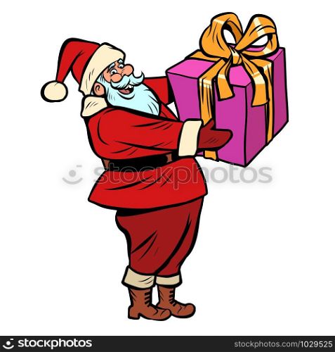 Santa Claus with gift box. Christmas and New year Comic cartoon pop art retro vector drawing illustration. Santa Claus with gift box. Christmas and New year