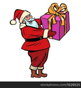 Santa Claus with gift box. Christmas and New year Comic cartoon pop art retro vector drawing illustration. Santa Claus with gift box. Christmas and New year