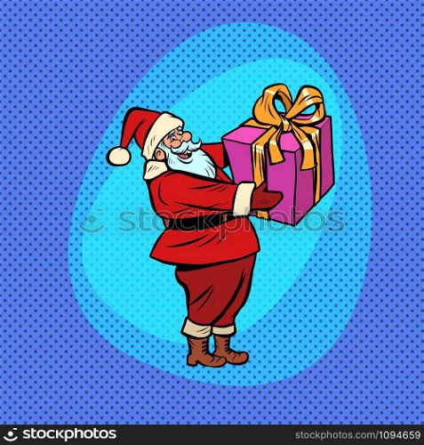 Santa Claus with gift box. Christmas and New year Comic cartoon pop art retro vector drawing illustration. Santa Claus with gift box. Comic cartoon pop art retro