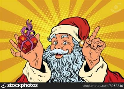 Santa Claus with gift box, pop art retro vector illustration. Holidays New year and Christmas