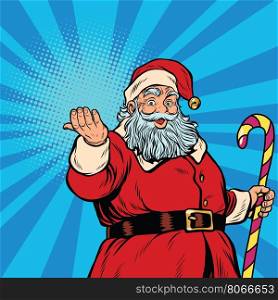 Santa Claus with gift, pop art retro vector illustration. Christmas background