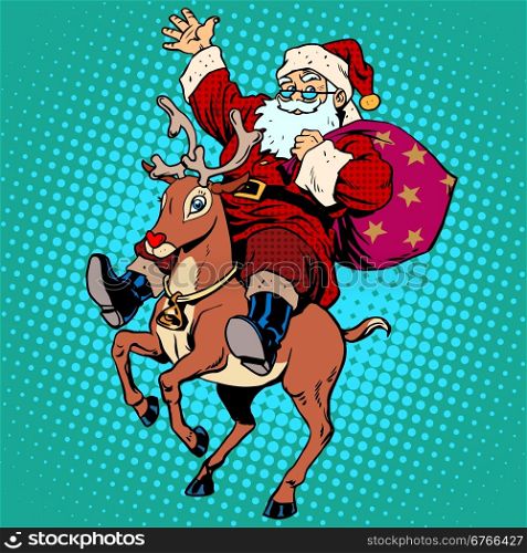 Santa Claus with gifts Christmas reindeer Rudolf. Retro style pop art. Santa Claus with gifts Christmas reindeer Rudolf