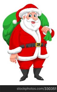 Santa Claus with Green Sack Full of Presents, vector illustration