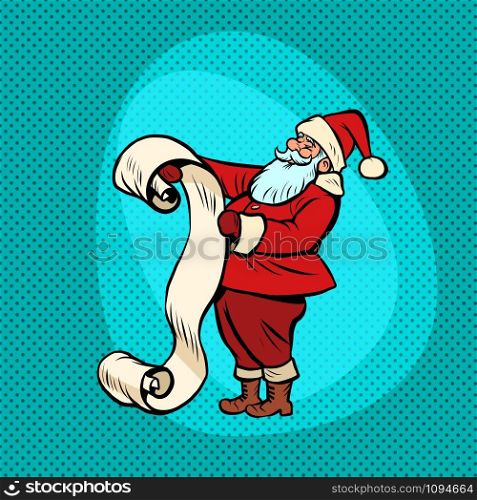 Santa Claus with list. Christmas and New year. Comic cartoon pop art retro vector drawing illustration. Santa Claus with list. Comic cartoon pop art retro