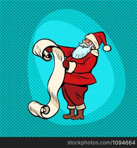 Santa Claus with list. Christmas and New year. Comic cartoon pop art retro vector drawing illustration. Santa Claus with list. Comic cartoon pop art retro