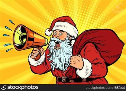 Santa Claus with megaphone. Pop art retro vector illustration vintage kitsch. pop art Santa Claus with megaphone