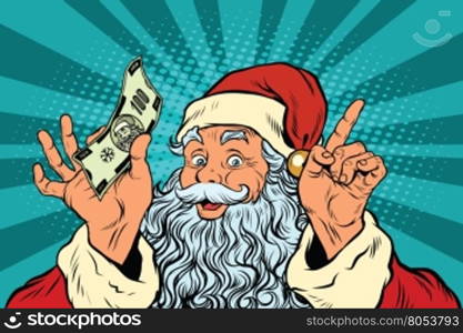 Santa Claus with money, New year and Christmas, pop art retro vector illustration. Holiday sales