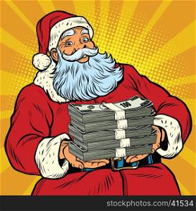 Santa Claus with money, pop art retro comic book illustration. Christmas discounts and sales