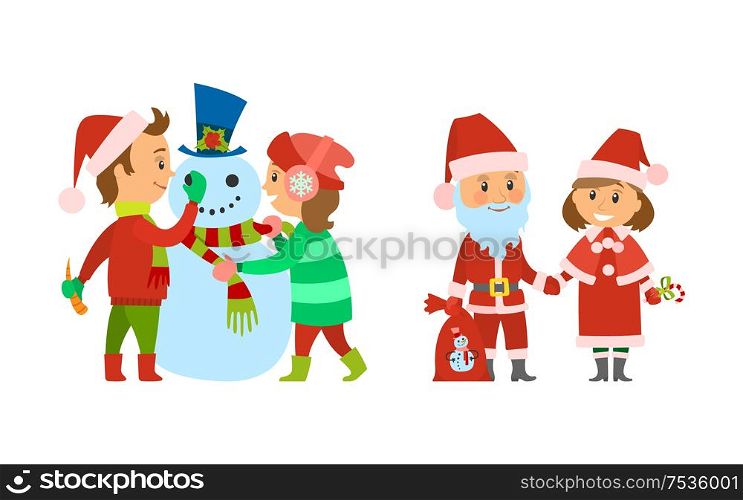 Santa Claus with presents bag and female helper vector. Children boy and girl having fun building snowman. Kids playing outdoors in winter season. Santa Claus with Presents Bag and Female Helper