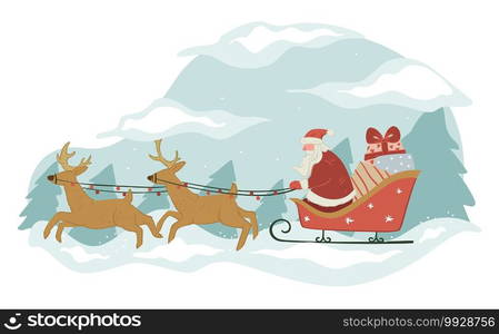 Santa claus with presents riding on sleigh with reindeers. Grandfather frost greeting with christmas and new year, delivering gifts for winter holidays. Xmas presents for people, seasonal fun, vector. Merry christmas and new year, santa claus with presents