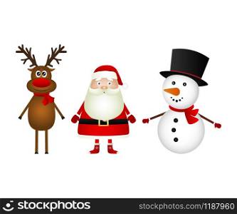 Santa Claus with reindeer and a snowman standing on a white background, on white background funny characters. Santa Claus with reindeer and a snowman standing on a white back