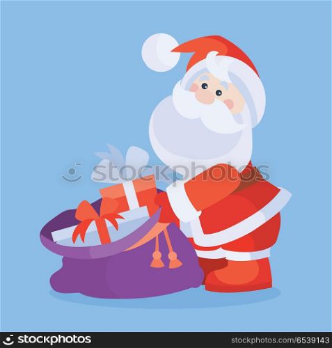 Santa Claus with sack full of gifts cartoon flat vector icon. Christmas presents from Santa. Celebrating Merry Christmas and Happy New Year concept. For Christmas greeting card, holiday invitations. Santa Claus with Sack Full of Gifts Cartoon Icon. Santa Claus with Sack Full of Gifts Cartoon Icon