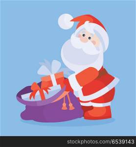 Santa Claus with sack full of gifts cartoon flat vector icon. Christmas presents from Santa. Celebrating Merry Christmas and Happy New Year concept. For Christmas greeting card, holiday invitations. Santa Claus with Sack Full of Gifts Cartoon Icon. Santa Claus with Sack Full of Gifts Cartoon Icon
