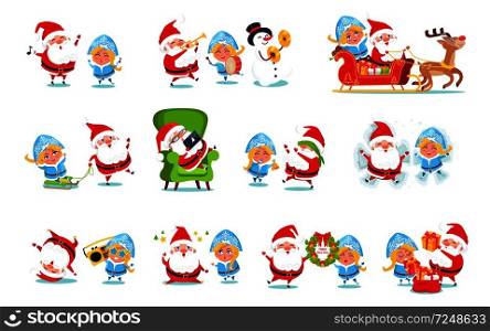 Santa Claus with Snow Maiden set of icons isolated on white. Vector illustration with congratulation from fairy tale winter characters and Christmas tree. Santa Claus and Snow Maiden Vector Illustration