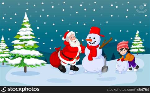 Santa Claus with snowman and kid playing snow