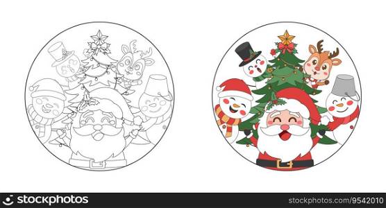Santa Claus with snowman and reindeer, Christmas theme line art doodle cartoon illustration, Coloring book for kids, Merry Christmas.