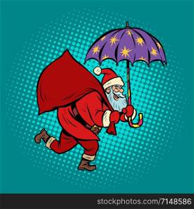 Santa Claus with star umbrella, magical night. Christmas and New year. Comic cartoon pop art retro vector illustration drawing. Santa Claus with star umbrella, magical night. Christmas and New year