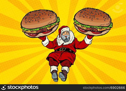 Santa Claus with two burgers, fast food delivery gift. Pop art retro vector illustration. Santa Claus with two burgers, fast food delivery gift