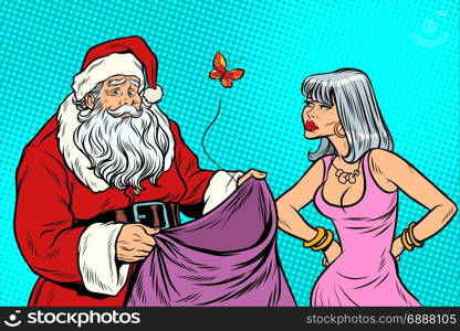 Santa Claus without gifts and angry woman. New year and Christmas. Pop art retro vector illustration. Santa Claus without gifts and angry woman