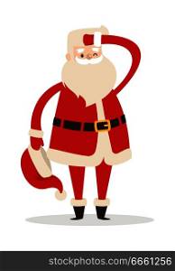 Santa Claus without hat looking far away with one hand near head. One eye is closed. Father Christmas in cartoon design. Funny magic character in flat. Vector illustration in winter holiday concept.. Santa Claus without Hat Looking far Away. Vector