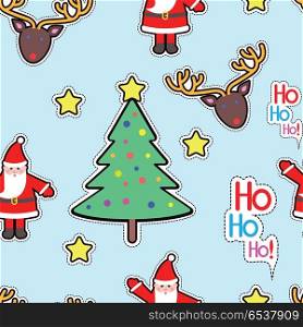 Santa Clause, Deer, Tree Star Seamless Pattern.. Santa Clause, deer, tree decorated with ball and star seamless pattern. Christmas elements in simple cartoon style. New Year. Wallpaper design endless texture. Fabric textile. Vector illustration