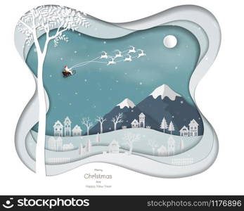 Santa Clause flying above city village on white paper art abstract background,landscape with icons of winter season for Christmas holiday,happy new year,celebration party or greeting card,vector illustration