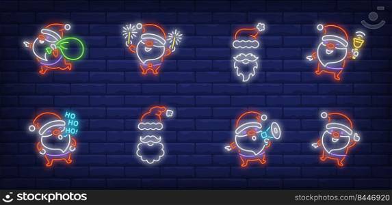 Santa Clause having fun neon sign set. Cute character carrying gifts, shouting at speaker, laughing. Vector illustration in neon style for topics like Xmas, party, holiday, celebration