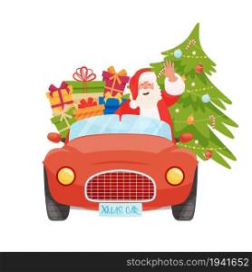 Santa driving Xmas red car with Christmas pine and gifts.