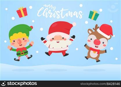 Santa, Elf and Reindeer jumping in the snow during the winter of Christmas.