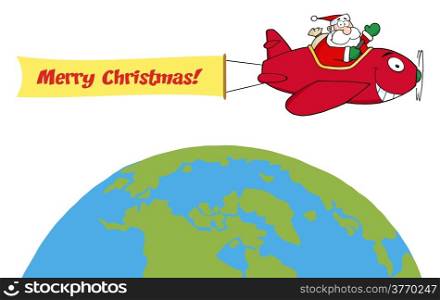 Santa Flying With Christmas Plane Above The Globe