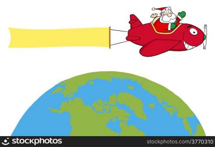 Santa Flying With Christmas Plane And A Blank Banner Attached Above The Globe
