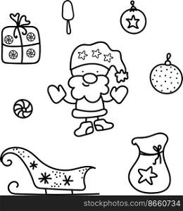 Santa, gifts, bauble, sledges. Doodle set for christmas design