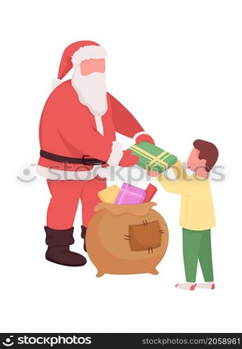 Santa give gift to kid semi flat color vector characters. Interacting figures. Full body people on white. Christmas isolated modern cartoon style illustration for graphic design and animation. Santa give gift to kid semi flat color vector characters