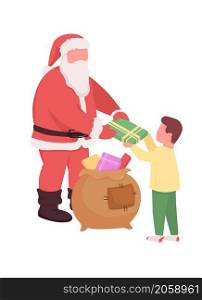 Santa give gift to kid semi flat color vector characters. Interacting figures. Full body people on white. Christmas isolated modern cartoon style illustration for graphic design and animation. Santa give gift to kid semi flat color vector characters