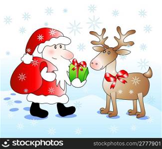 Santa gives a gift to his deer