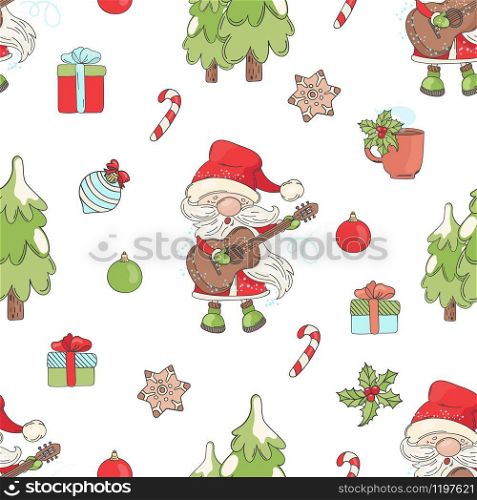 SANTA GUITAR Merry Christmas Music Seamless Pattern Cartoon