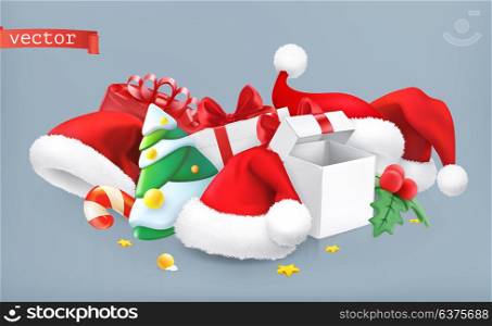 Santa hat, christmas tree and gifts. 3d vector icon