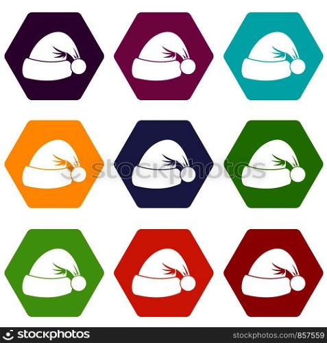Santa hat icon set many color hexahedron isolated on white vector illustration. Santa hat icon set color hexahedron