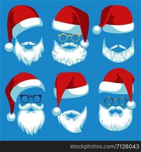 Santa hats and beards. Christmas elements white mustache, beard and glasses, claus red hat, winter holiday clothes cartoon vector bearded man costume set. Santa hats and beards. Christmas elements white mustache, beard and glasses, claus red hat, winter holiday clothes cartoon vector set