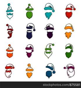 Santa hats, mustache and beards icons set. Doodle illustration of vector icons isolated on white background for any web design. Santa hats, mustache and beards icons doodle set