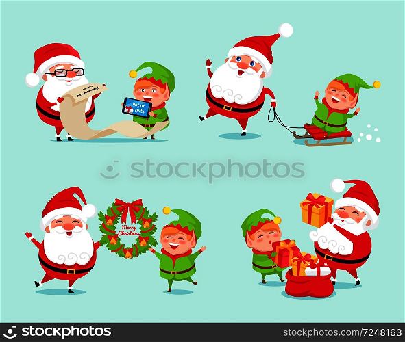 Santa having fun with elf icon isolated on light blue background. Vector illustration with Santa and his cheerful helper with presents with list of gifts. Santa Having Fun with Elf Icon Vector Illustration