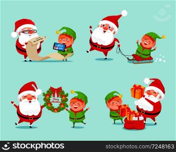 Santa having fun with elf icon isolated on light blue background. Vector illustration with Santa and his cheerful helper with presents with list of gifts. Santa Having Fun with Elf Icon Vector Illustration