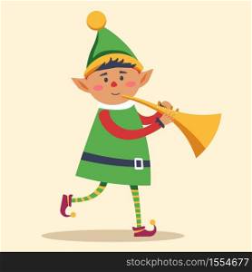 Santa helper elf Christmas character with trumpet musical instrument vector fantastic creature in cone hat and shoes with bells winter holiday celebration playing music gold pipe Xmas personage.. Elf Christmas character Santa helper with trumpet musical instrument