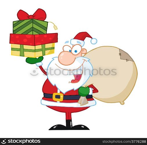 Santa Holding Up A Stack Of Gifts