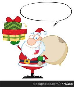 Santa Holding Up A Stack Of Gifts With Speech Bubble