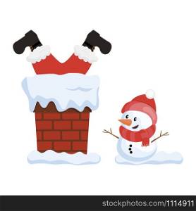 Santa in the chimney and little cute snowman, cartoon vector illustration