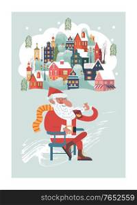 Santa is sitting drinking mulled wine. Snow falls quietly. A small cozy snow covered town. New year and Christmas. Vector christmas card.. Santa drinking mulled wine. Snow falls quietly. A small cozy snow covered town. New year and Christmas. Vector christmas card.