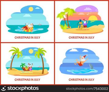Santa laying on rubber ring with seagull and swimming with dolphin. Claus standing with snowman and sleigh with fruit vector. Christmas vacation in July. Christmas Vacation in July Icon Postcard Vector