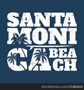 Santa Monica tee print with surfboard and palms. T-shirt design, graphics, stamp, label, typography.. Santa Monica tee print with surfboard and palms. T-shirt design,