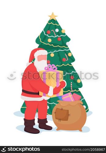 Santa near Christmas tree semi flat color vector character. Dynamic figure. Full body person on white. Noel isolated modern cartoon style illustration for graphic design and animation. Santa near Christmas tree semi flat color vector character